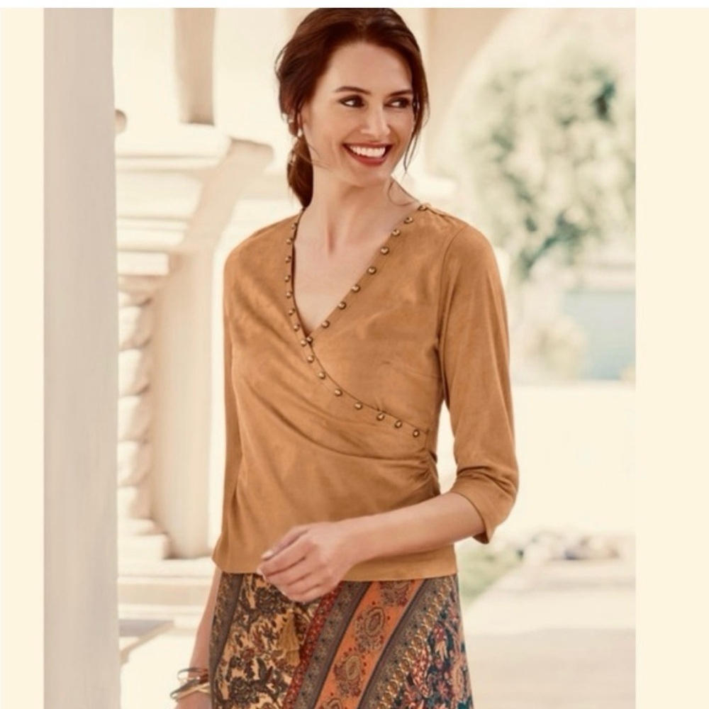 SOFT SURROUNDINGS XS Faux Suede Crisscross studded woman tan woman polyester top